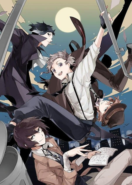 An official art for Bungou Stray Dogs made by Sango Harukawa. In the middle, happy Atsushi. On his left, Akutagawa. On his right, an angry Chuuya is upside down. On the bottom of the picture, a smiling Dazai with a book and a trashcan. Yokohama in the back